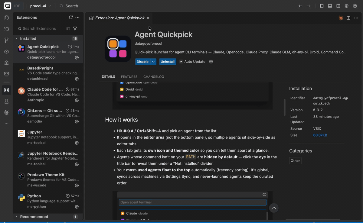 Hitting the keybinding, picking an agent, and watching it open in its own tab.