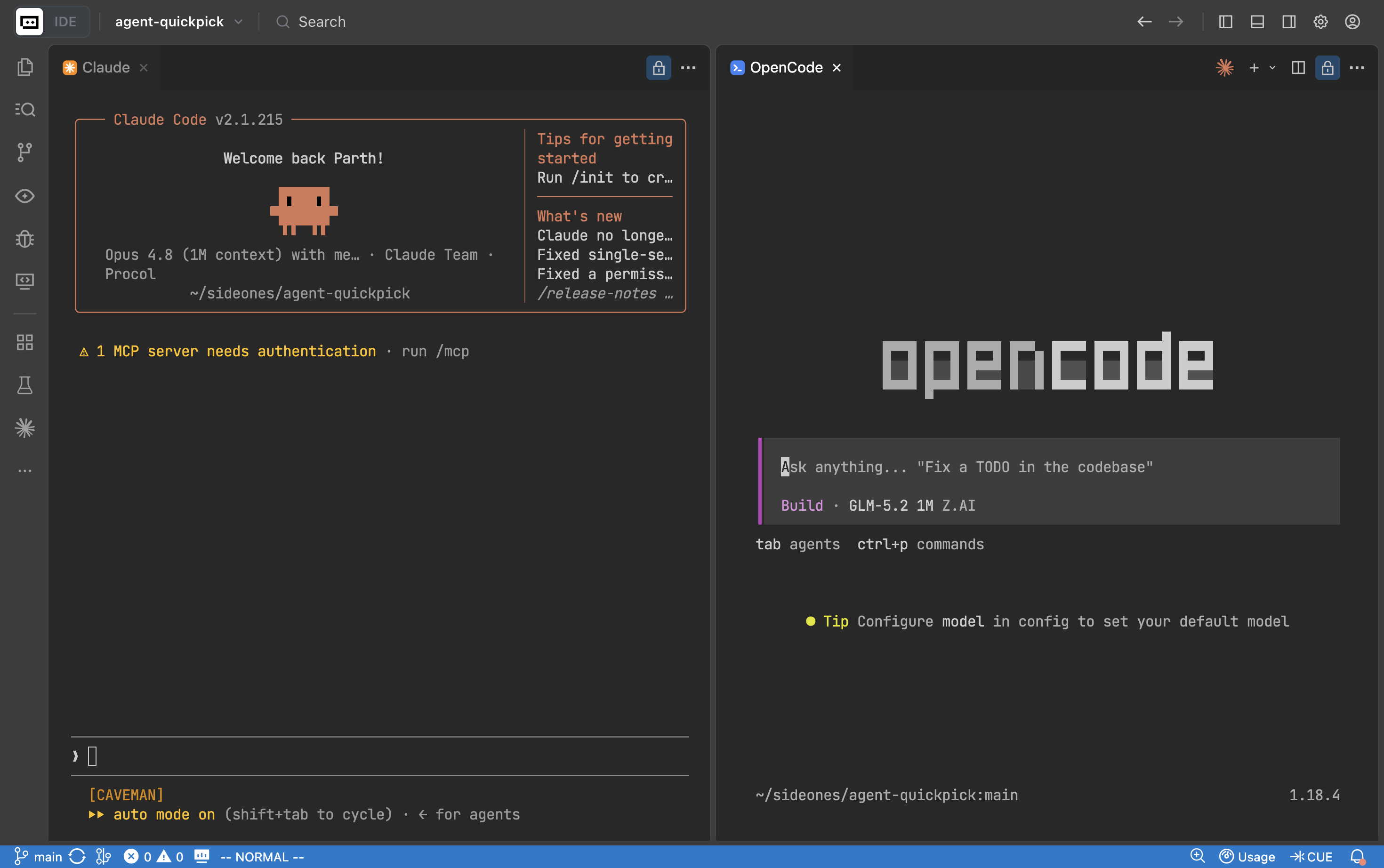 Two agents open as side-by-side editor tabs, Claude on the left and OpenCode on the right, each with its own icon and label.